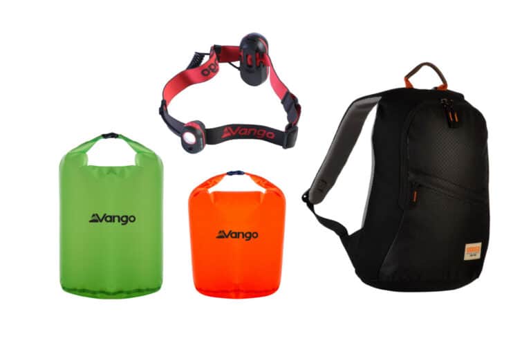 Vango head torch, rucksack and dry bags