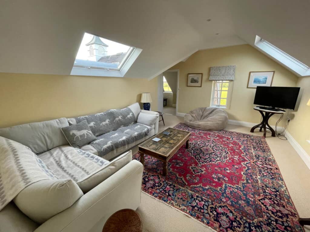 Lounge with corner sofa, large bean bag, TV and vellum window