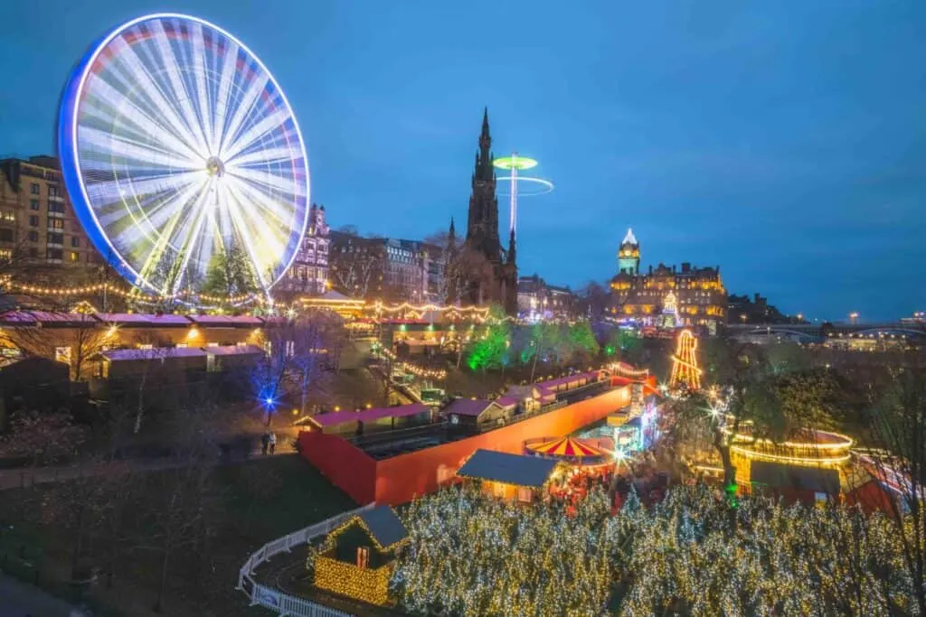 A vibrant and lively view of the Edinburgh Christmas Market.
