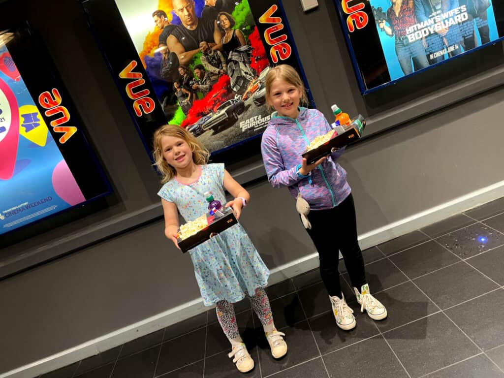 Children carrying snacks at Vue Cinema