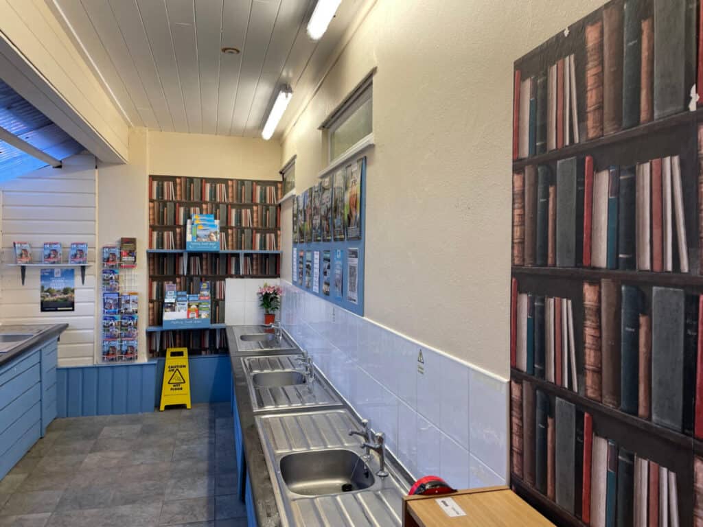 Washing up sinks in a room decorated with bookcase themed wall paper