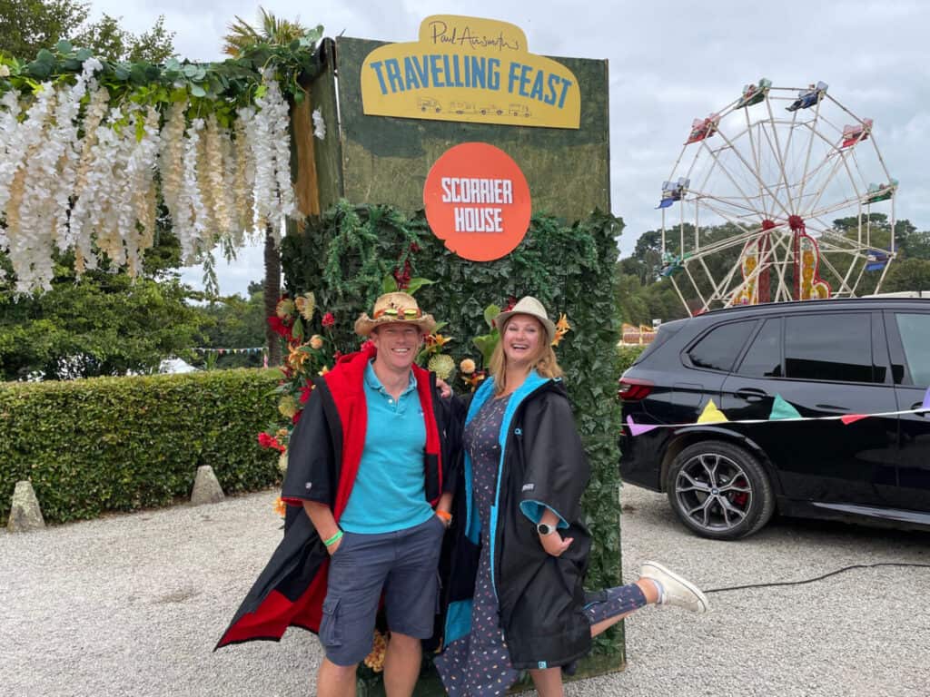 Claire and Mr Tin Box at the entrance to the Travelling Feast festival in Cornwall
