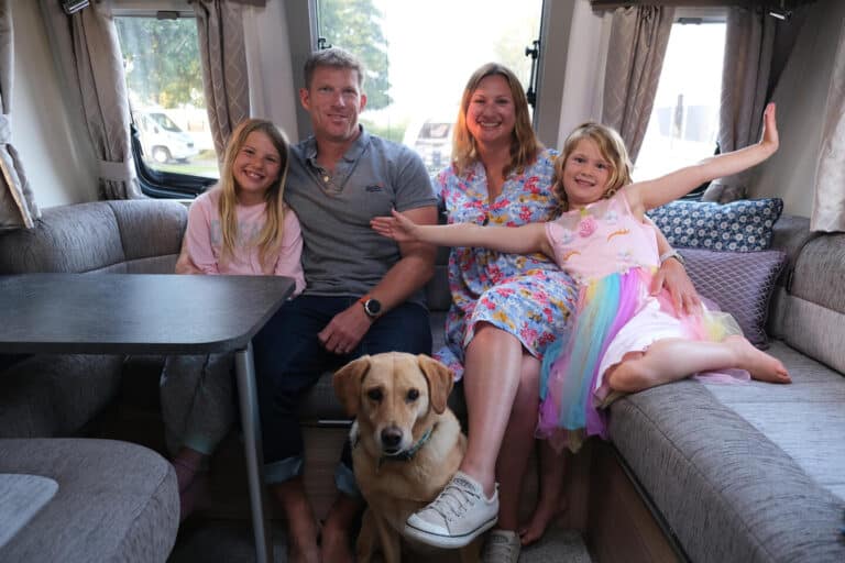 Tin Box Traveller family sat inside the Pegasus Grande SE Rimini caravan