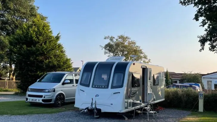 Pegasus Grande SE Rimini caravan on campsite pitch in evening light