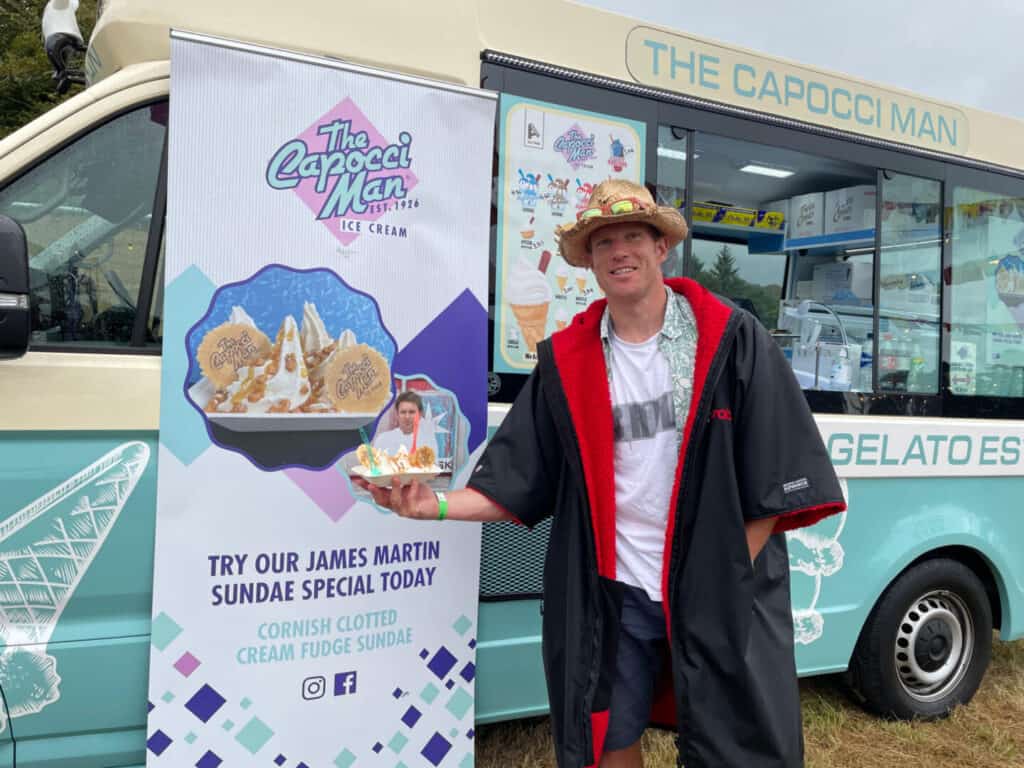 Mr Tin Box holding ice cream sundae by James Martin's Mr Capocci ice cream van