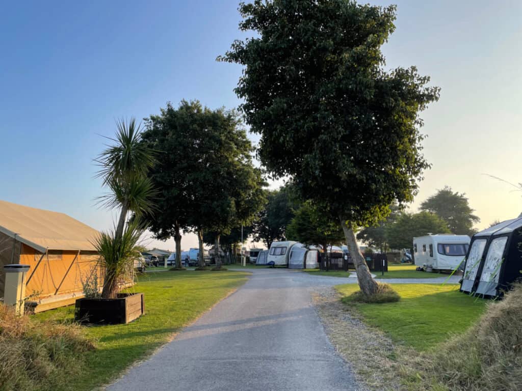 View of campsite in dusk light