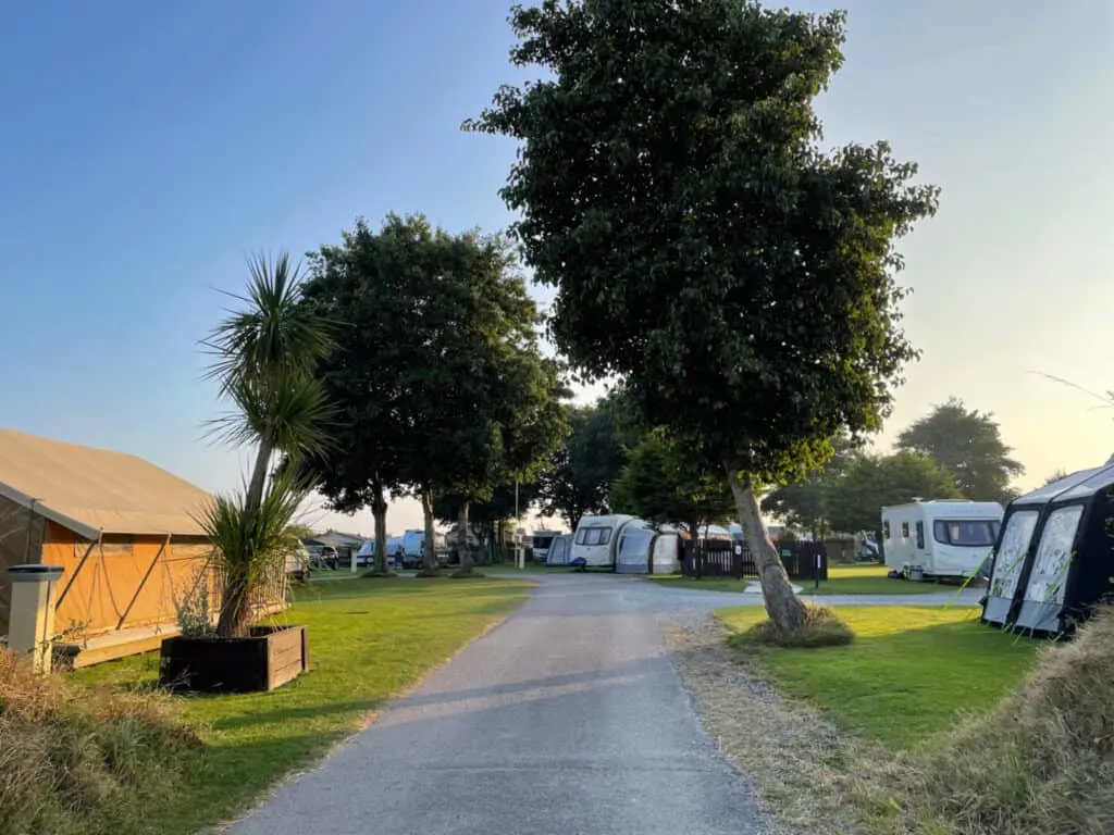View of campsite in dusk light
