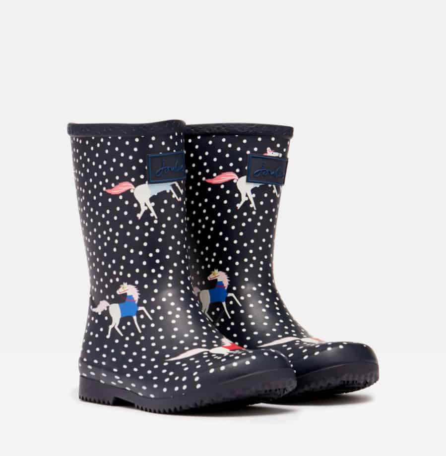 Joules kids wellington boots with dot and unicorn pattern