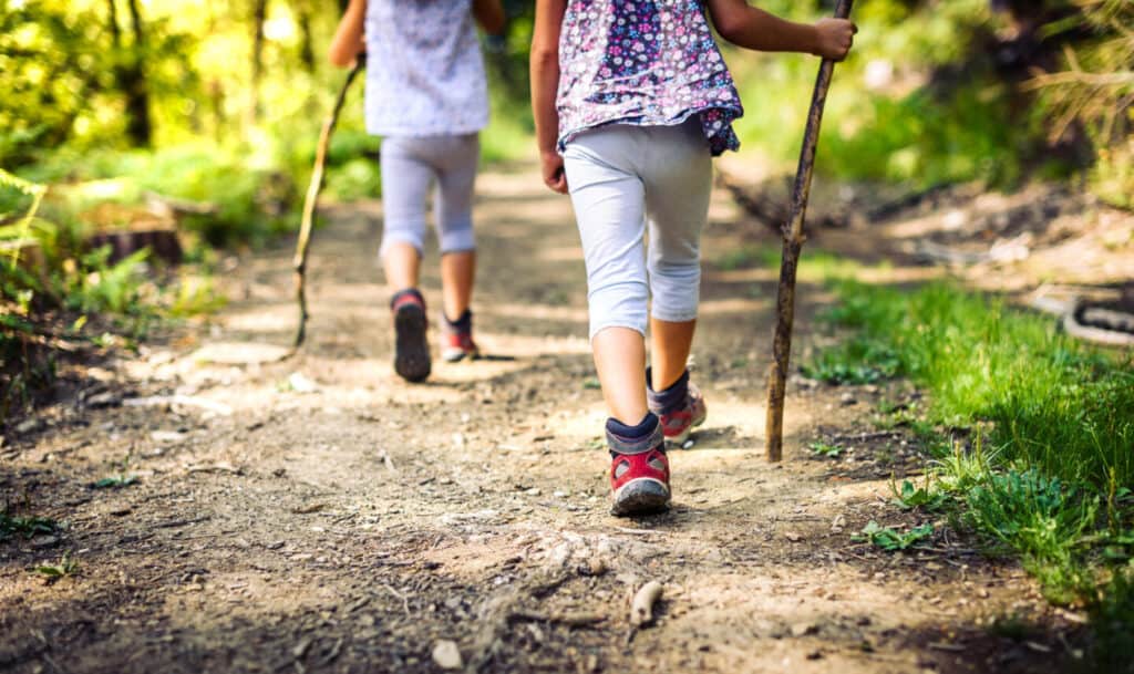 Children hiking in mountains with sport hiking shoes
