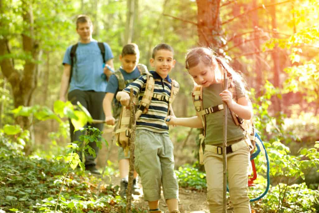 kids walking in green forest