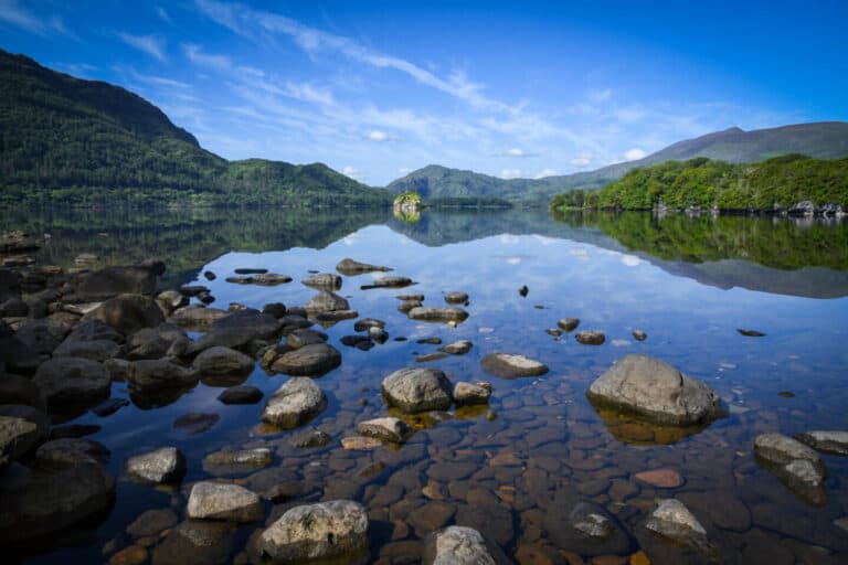 Reflections on lake in Killarney National Park, Ireland