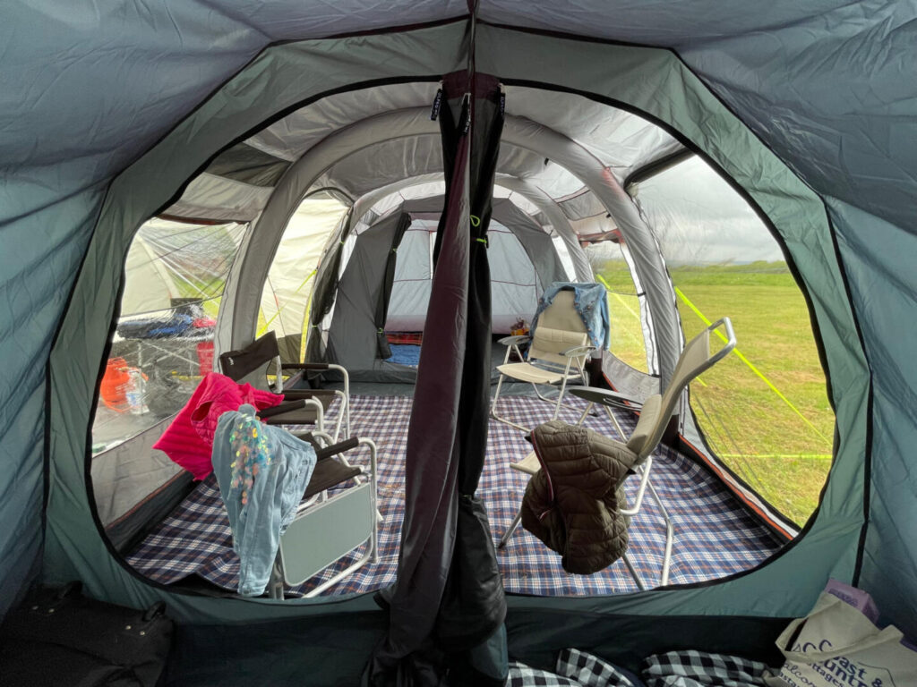 View of inside the tent from the split bedroom compartments