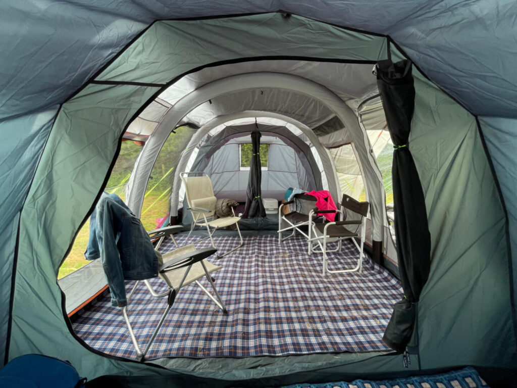 Tent living space pictured from bedroom