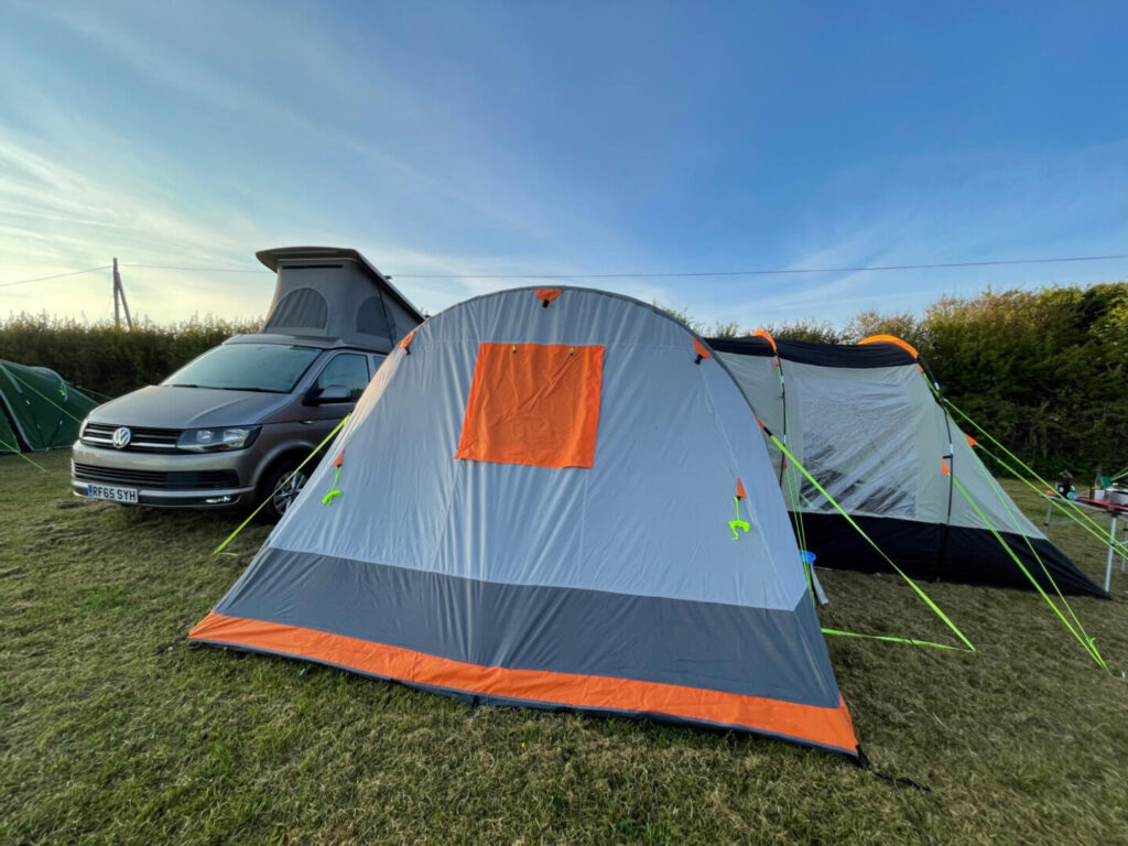 Wichenford Breeze air tent pitch don campsite at sunrise