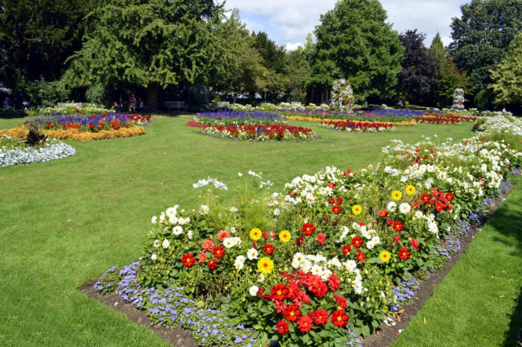 Colourful flower beds in Jephson Gardens in Leamington Spa, Warwickshire