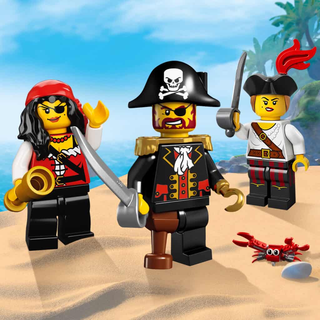3 Pirate LEGO figures on a beach