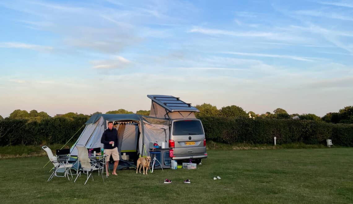 Camper van pitched at Camping Rozel in Jersey