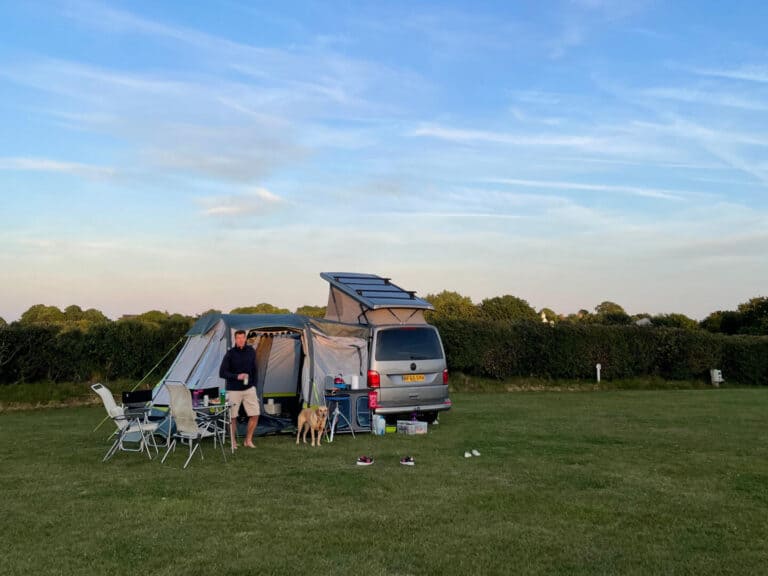 Camper van pitched at Camping Rozel in Jersey
