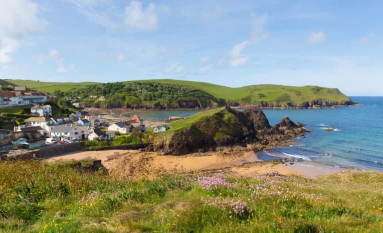 View across cliffs to Hope Cove in South Devon