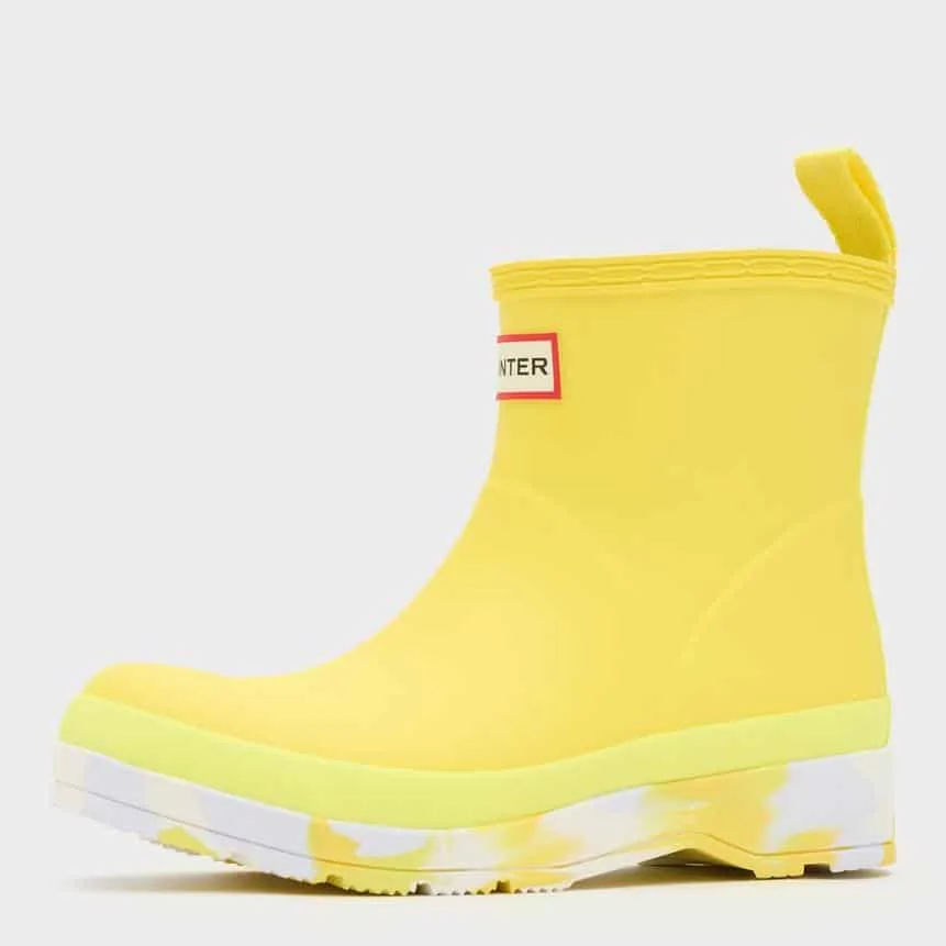 Bright yellow low wellie boot with patterned sole