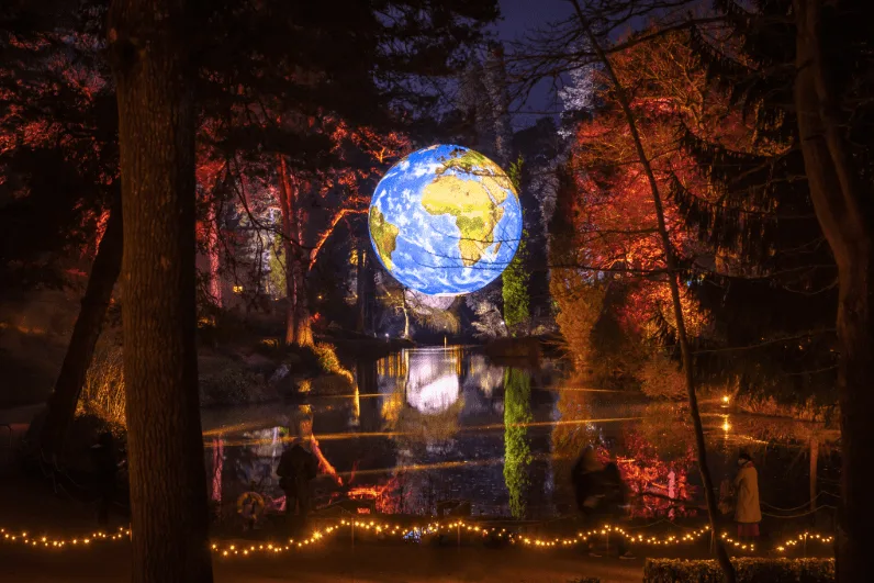 Multi-coloured Illuminated Forest at night with a glowing sphere of the Ears hanging in the trees