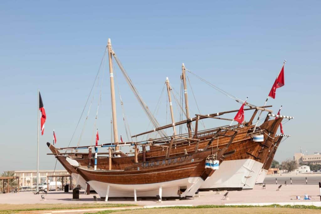 Historic dhow ships at the Maritime Museum of Kuwait.