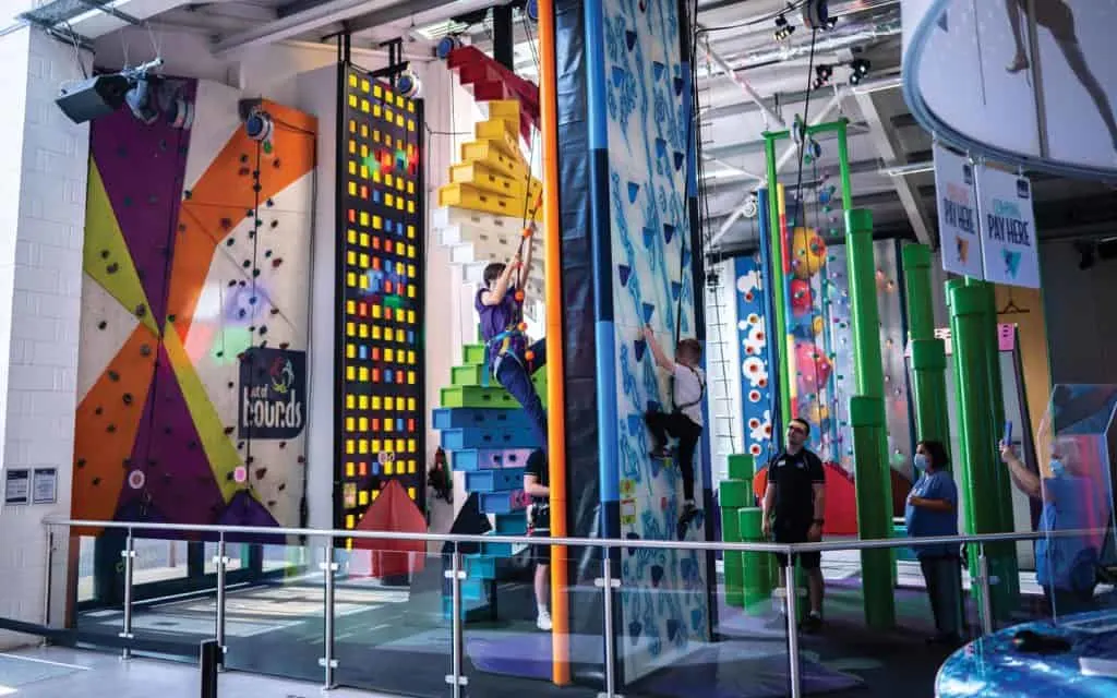 Clip n climb climbing walls in the Out of bounds centre in Sussex