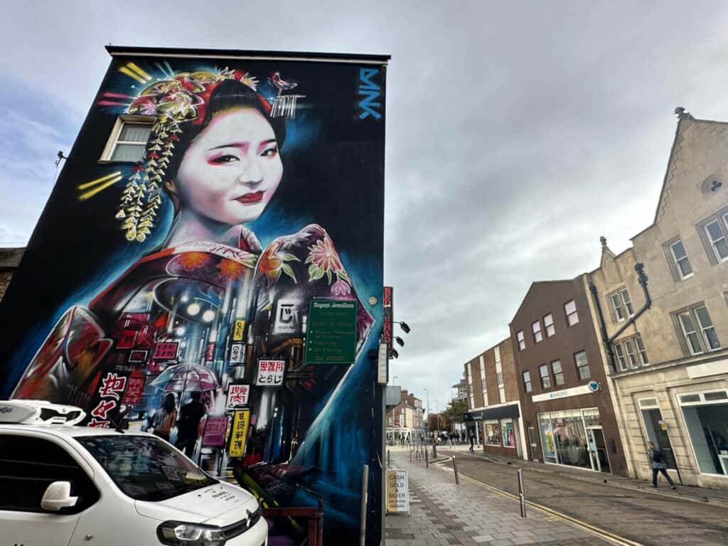 Japanese-themed mural on wall in Weston-super-Mare
