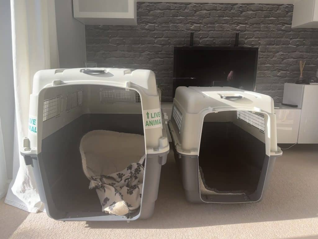 Two dog travel crates side by side. On the left is a larger one and on the right is a smaller one