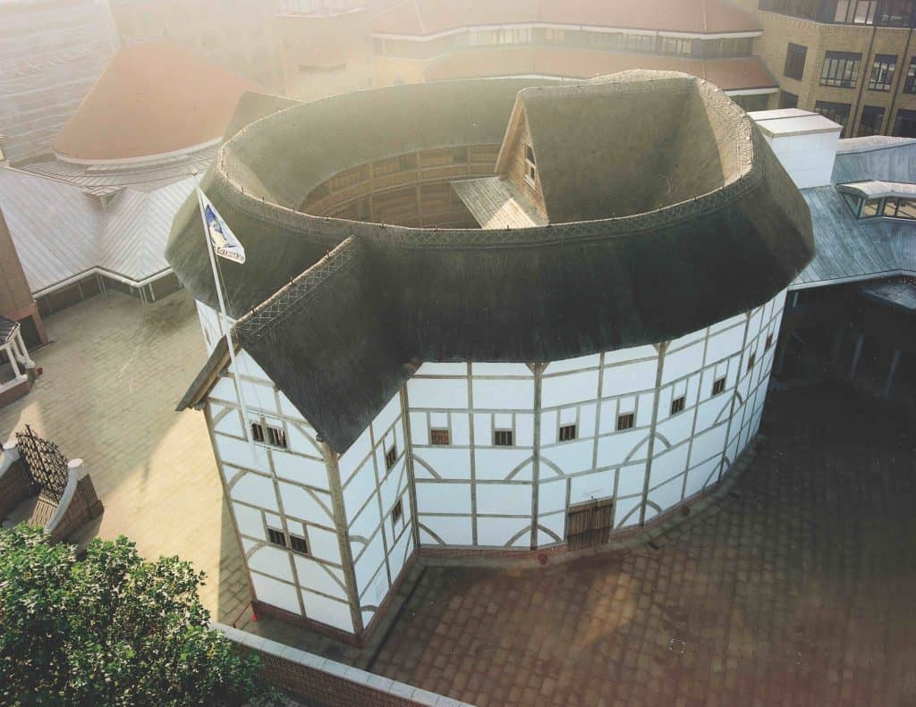 Photo of Shakespeare’s Globe from above. An Elizabethan style round building with timbered walls and thatched roof