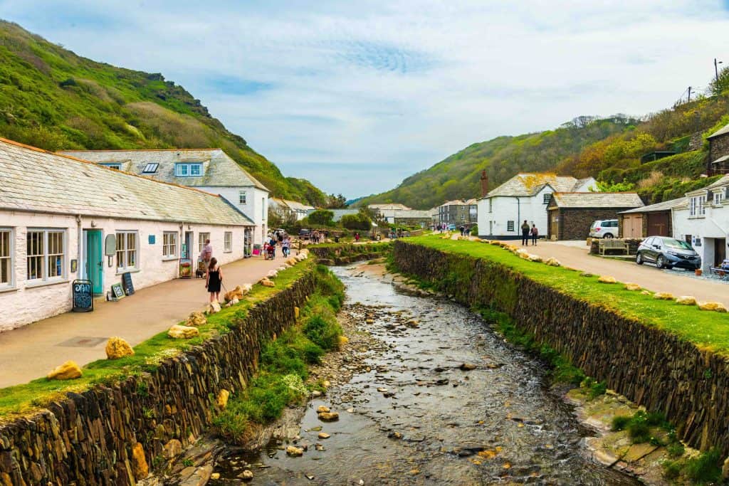 The popular tourist destination village of Boscastle in Cornwall, UK with the Valency River running down the centre to the harbour