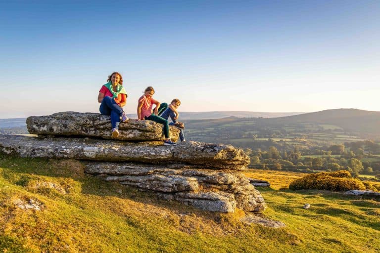 Family in Dartmoor national park in the evening, UK
