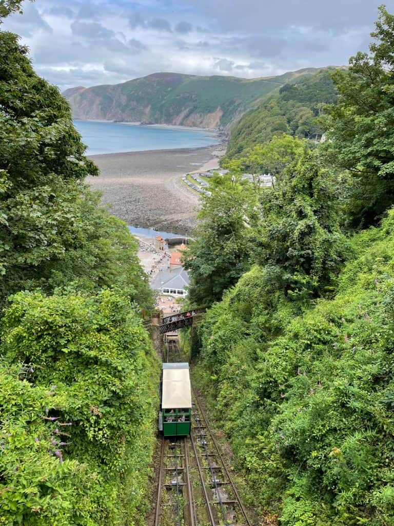 View of Lynmouth from the top of the funicular track at Lynton and Lynmouth Cliff Railway in Devon