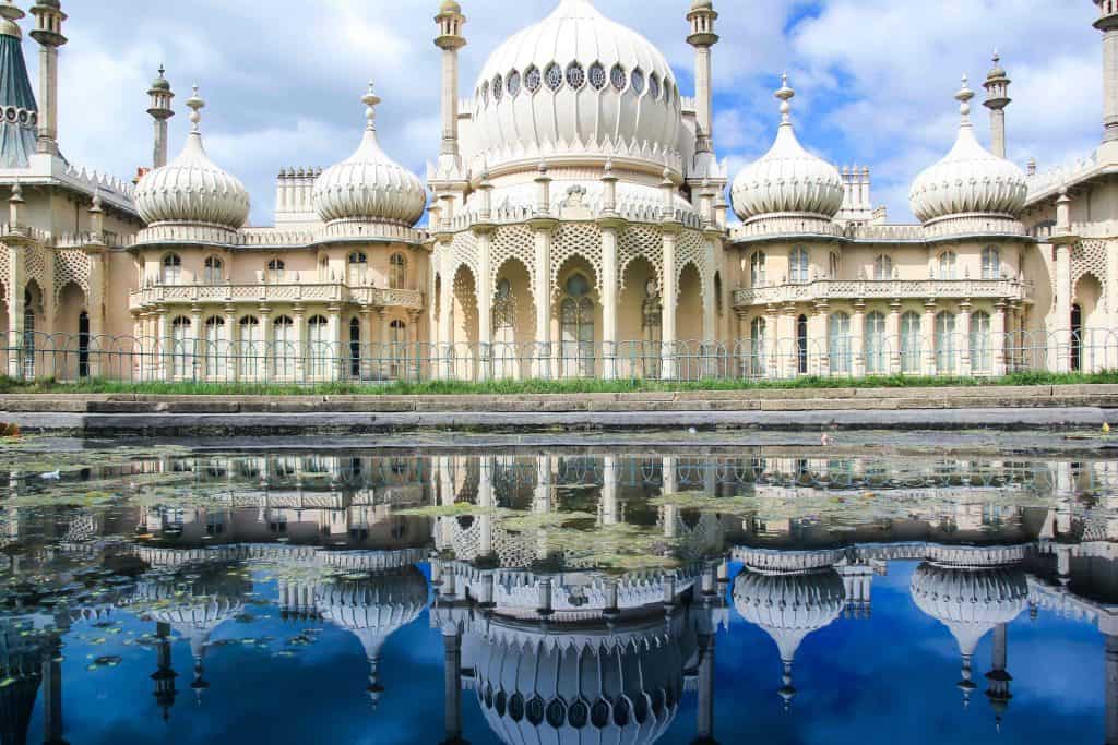 onion domes, towers and minarets forming the roof of the royal pavilion palace in brighton england, King George IV's summer house and Regency folly