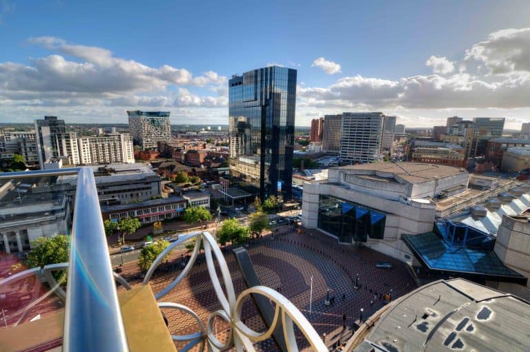 Modern buildings and sculptures in Birmingham's Centenary Square