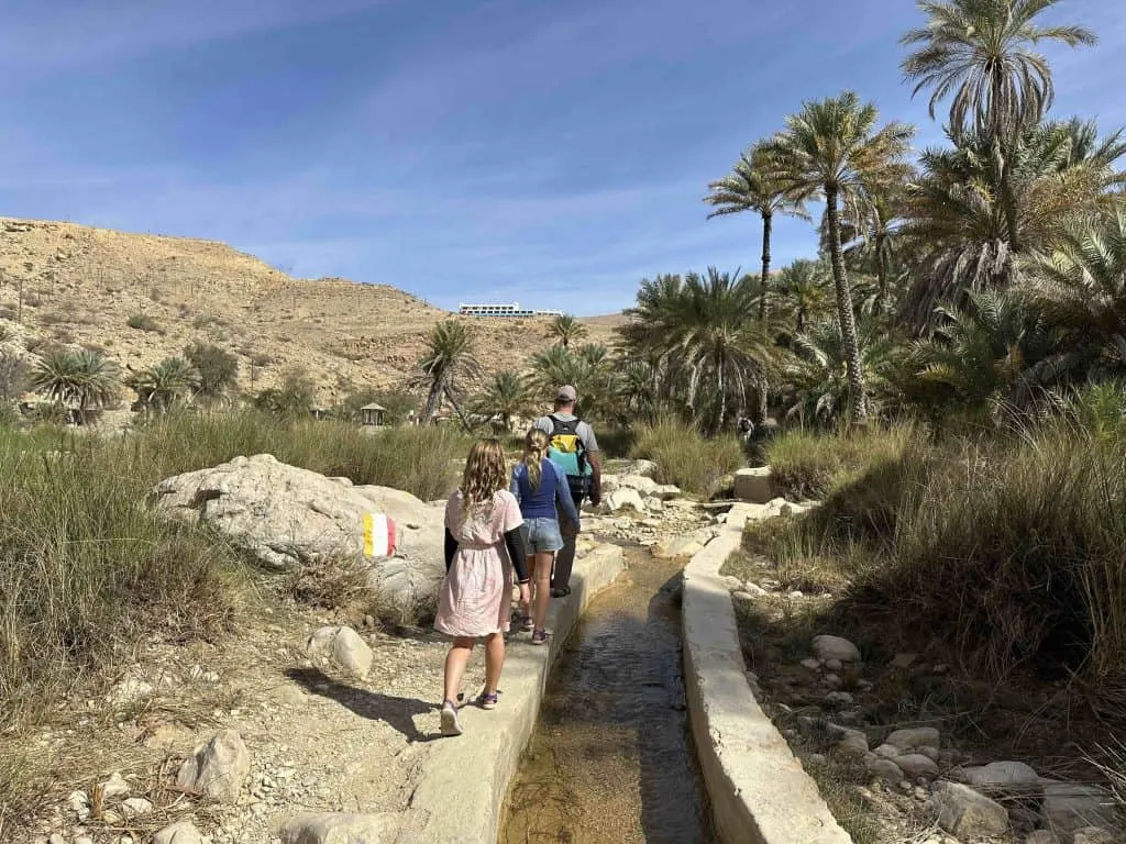 Father and two daughters walk along the side of an irrigation system with palm trees down one side