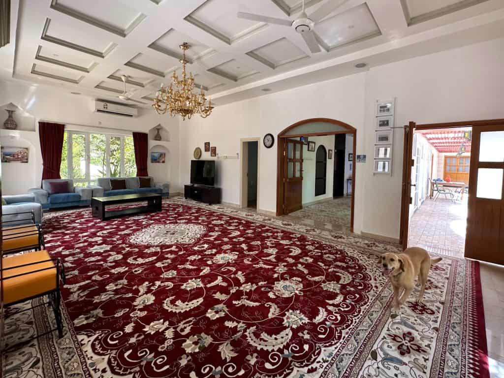 The reception room of the three bedroom villa at Vally Cliff Inn. There is a large traditional carpet and seating. Dog is coming through the front door