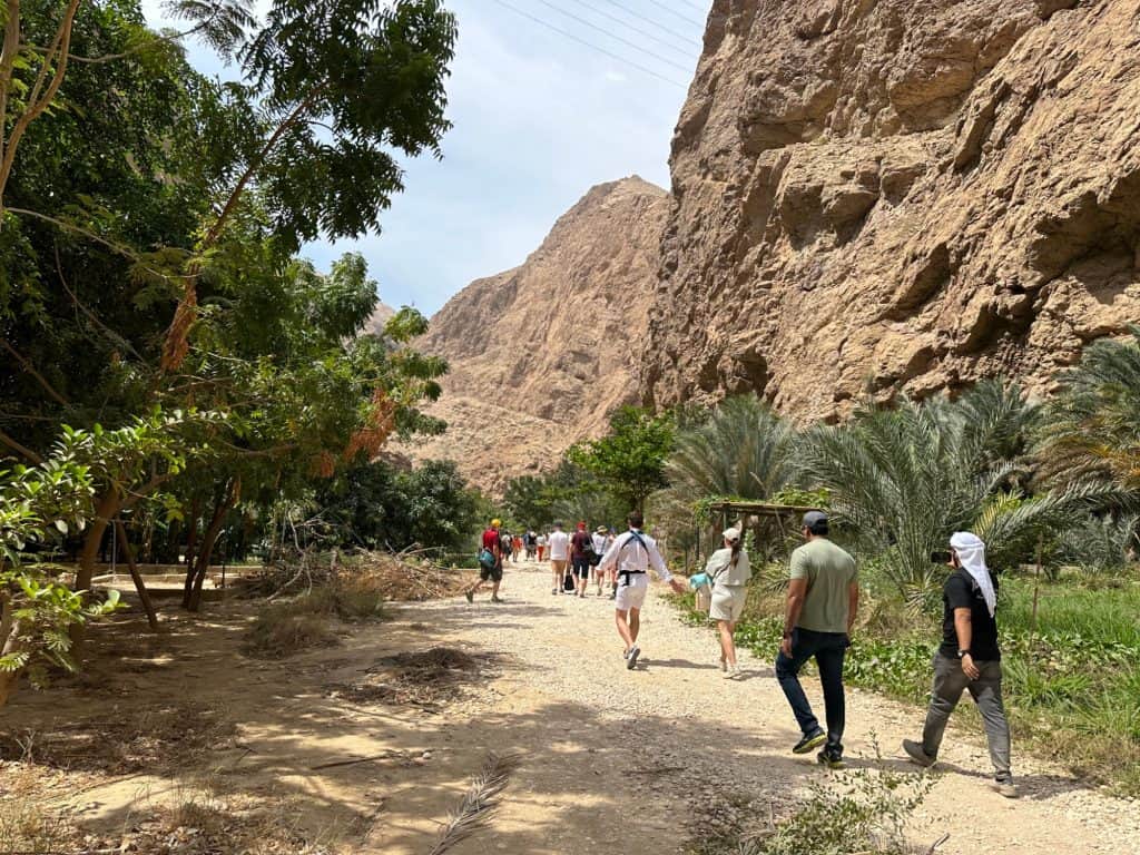 Lots of people walking through the plantation at the start of Wadi Shab