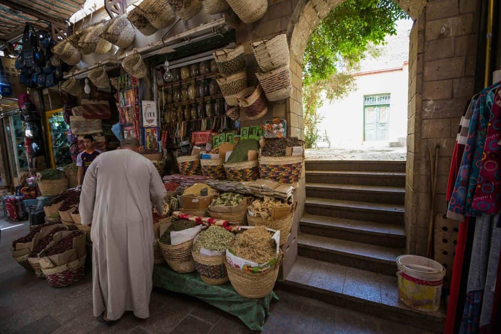 Traditional spices bazaar with herbs and spices in Aswan Egypt