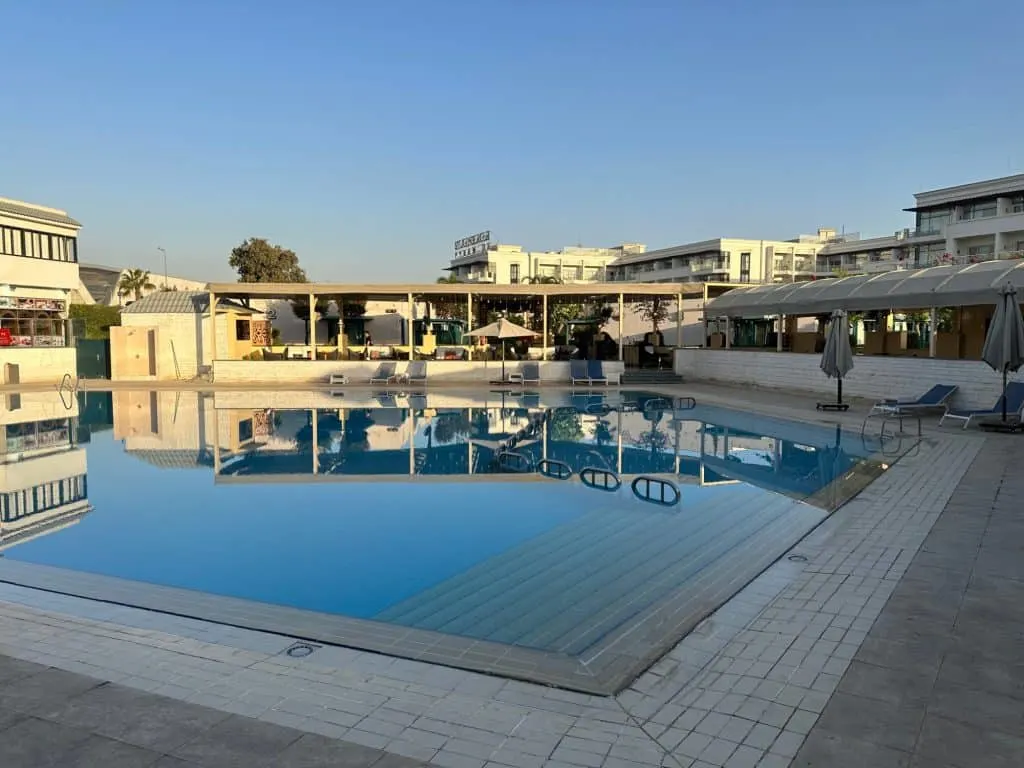 Hotel swimming pool at dusk