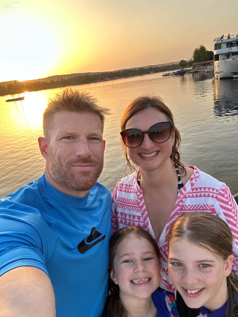 Tin Box family photo at sun set on the Nile in Aswan