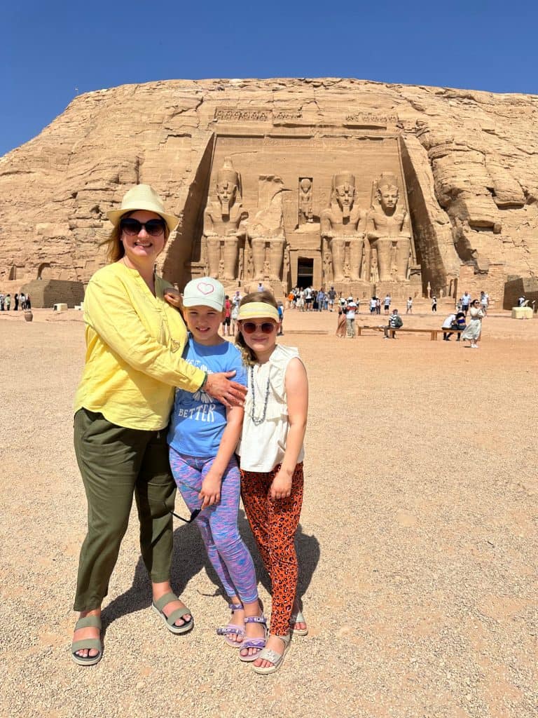 Claire with her daughters outside Rameses II's temple at Abu Simbel