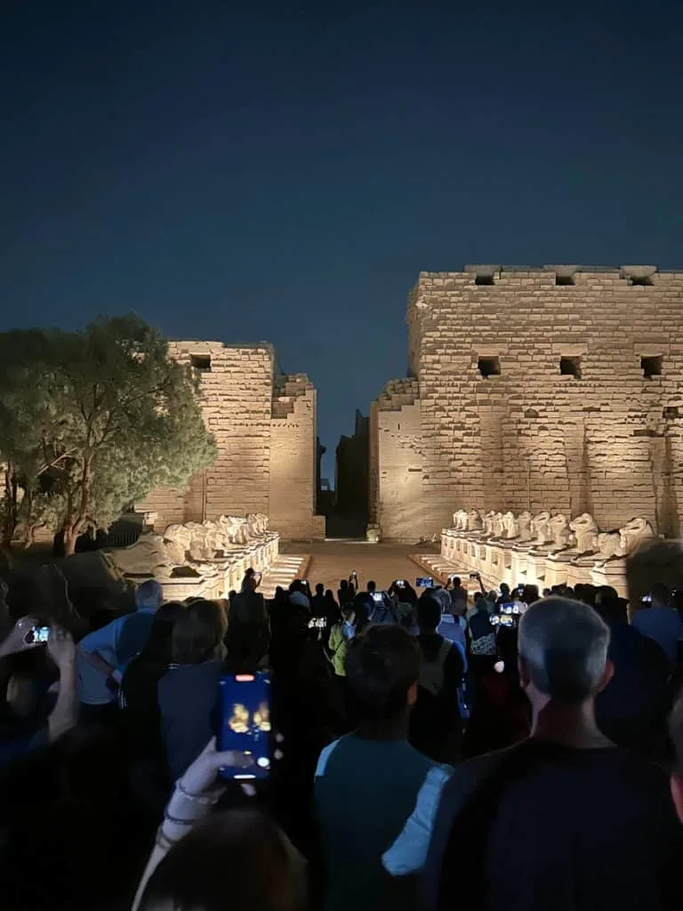 The illuminated entrance of Karnak temples at night. There are two rows of lion statues and a crowd of people in front of them