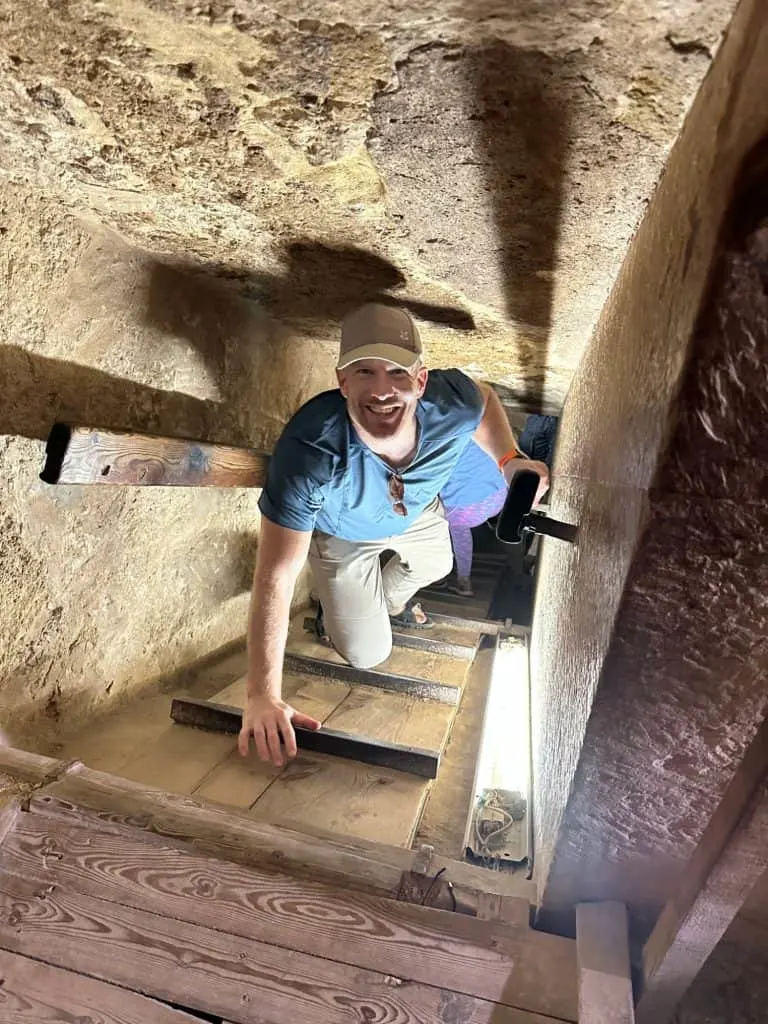 Mr Tin Box climbing down to the burial chamber in Queen Hetepheres' pyramid at Giza