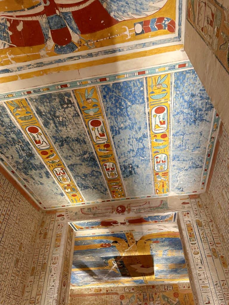 Brightly coloured artwork on the ceiling of Rameses IV's tomb