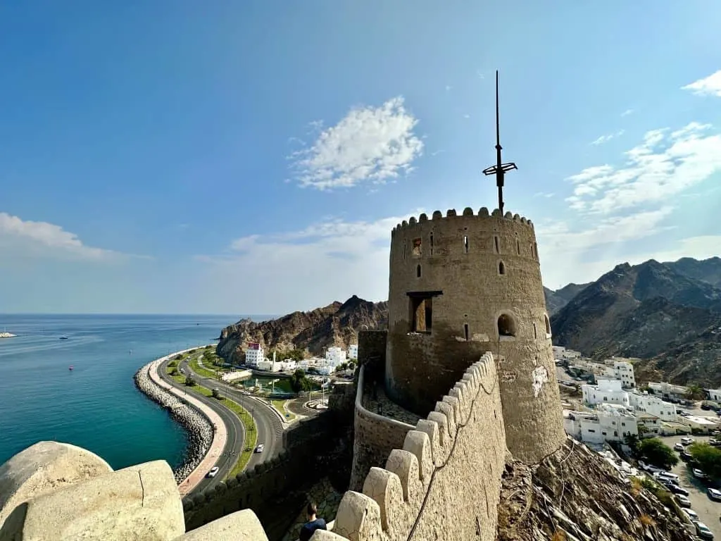 Mutrah Fort in Mutrah old town. This is a Portuguese style fort overlooking the Gulf of Oman to the left and the Hajar Mountains on the right
