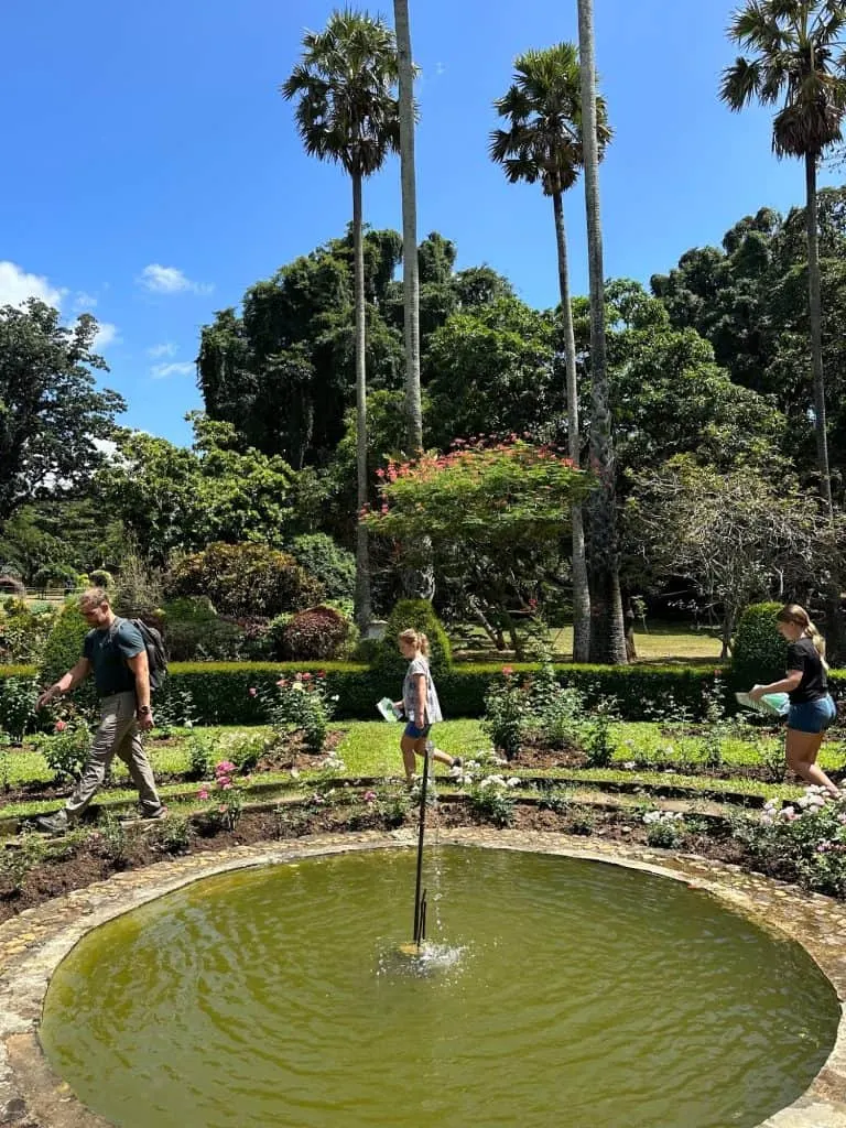 Mr Tin Box and daughters walk around a fountain in the Royal Botanical Gardens