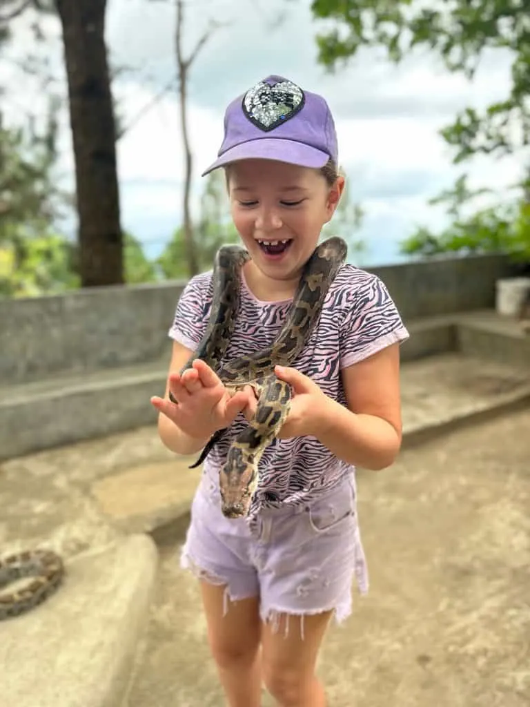 Eight year old looking delighted will holding a python snake around her neck
