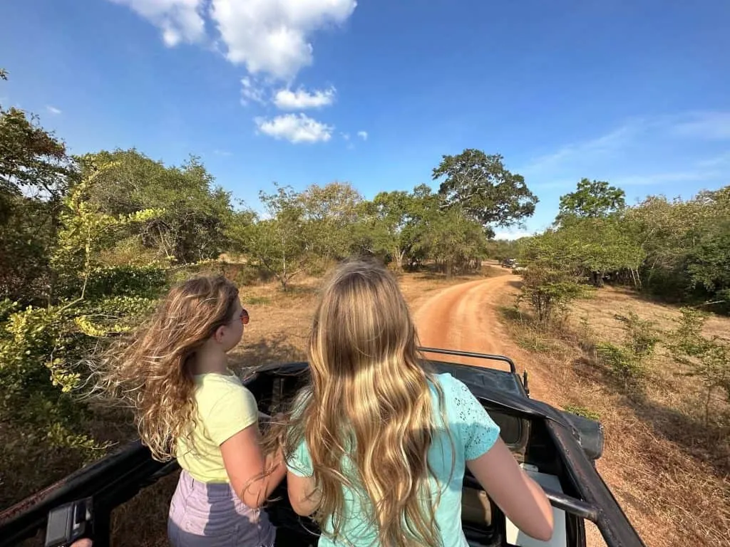 Girls stand in jeep as it drives through nature reserve