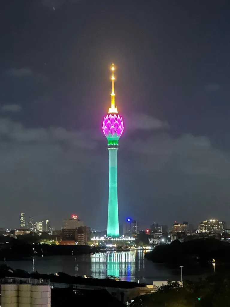 Colombo's Lotus Tower lit up against the night sky